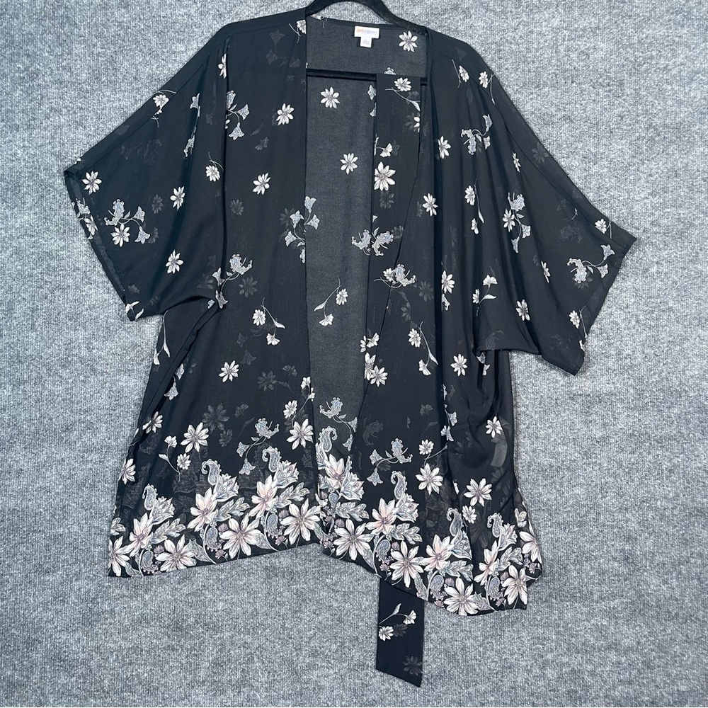 Lularoe Women’s Large Black Foral Paisley Artsy Sheer Kimono Robe Cover Up W/Tie